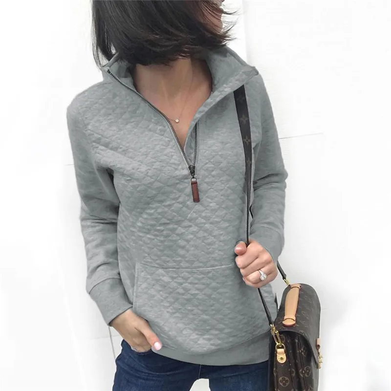  Zipper V-Neck Sweatshirt Pullovers Women Turn Down Collar Casual Hoodies Tops Patchwork Pocket Slim