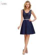 Темно-синие шифоновые короткие платья для выпускного вечера сексуальный, кружевной, с аппликацией выпускное платье с v-образным вырезом без рукавов vestidos de graduacion