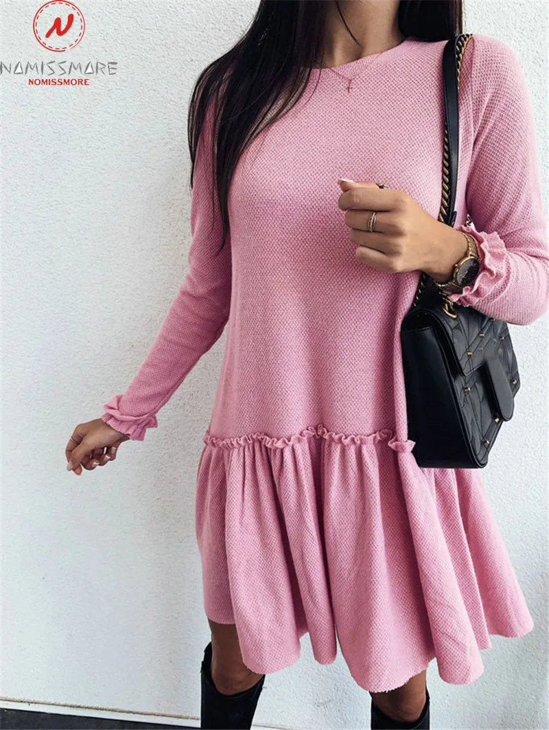 Women Autumn A-Line Dress Patchwork Design Ruffles Decor O-Neck Long Sleeve Solid Color Mini Dress Elegant Lady Casual Dress