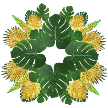 

48 Pieces 11 Kinds Artificial Palm Leaves Golden Jungle Leaves with Stems for Faux Leaves Decorations