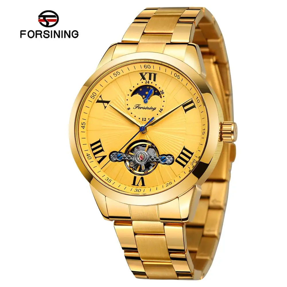 

Forsining Luxury Gold Skeleton Clock Men's Moon Phase Fashion Tourbillon Waterproof Men's Automatic Watch Relogio Masculino