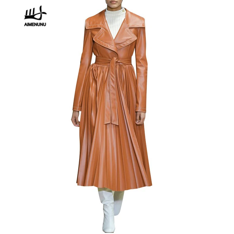 AIMENUNU PU Leather Coat For Women Long Sleeve Lapel Collar High Waist Lace Up Slim Coats Female Autumn Fashion New