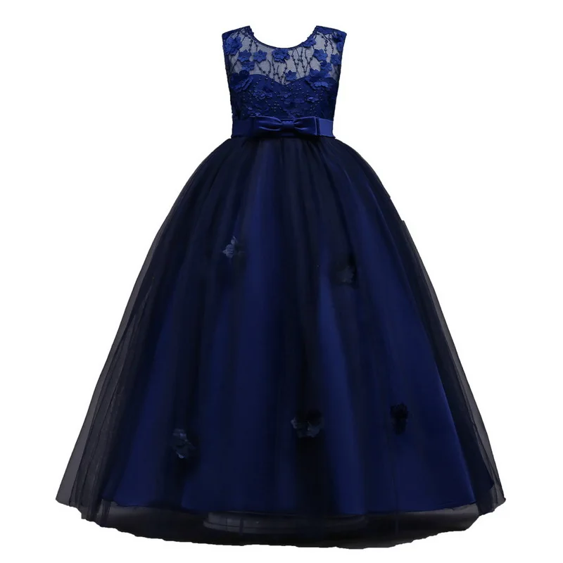 Navy Blue Детское длинное свадебное платье; костюм подружки невесты; платье принцессы для дня рождения для подростков; платье макси для девочек; От 4 до 14 лет - Цвет: Navy Blue