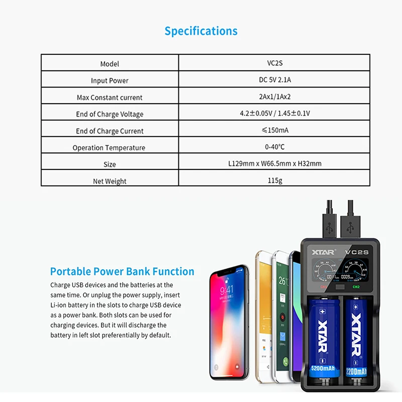 XTAR Battery Charger VC4S VC2S VC2 VC2S LCD Charger Micro-USB 3.6V/3.7V Li-ion/IMR/INR/ICR 21700 20700 18650 Battery Charger