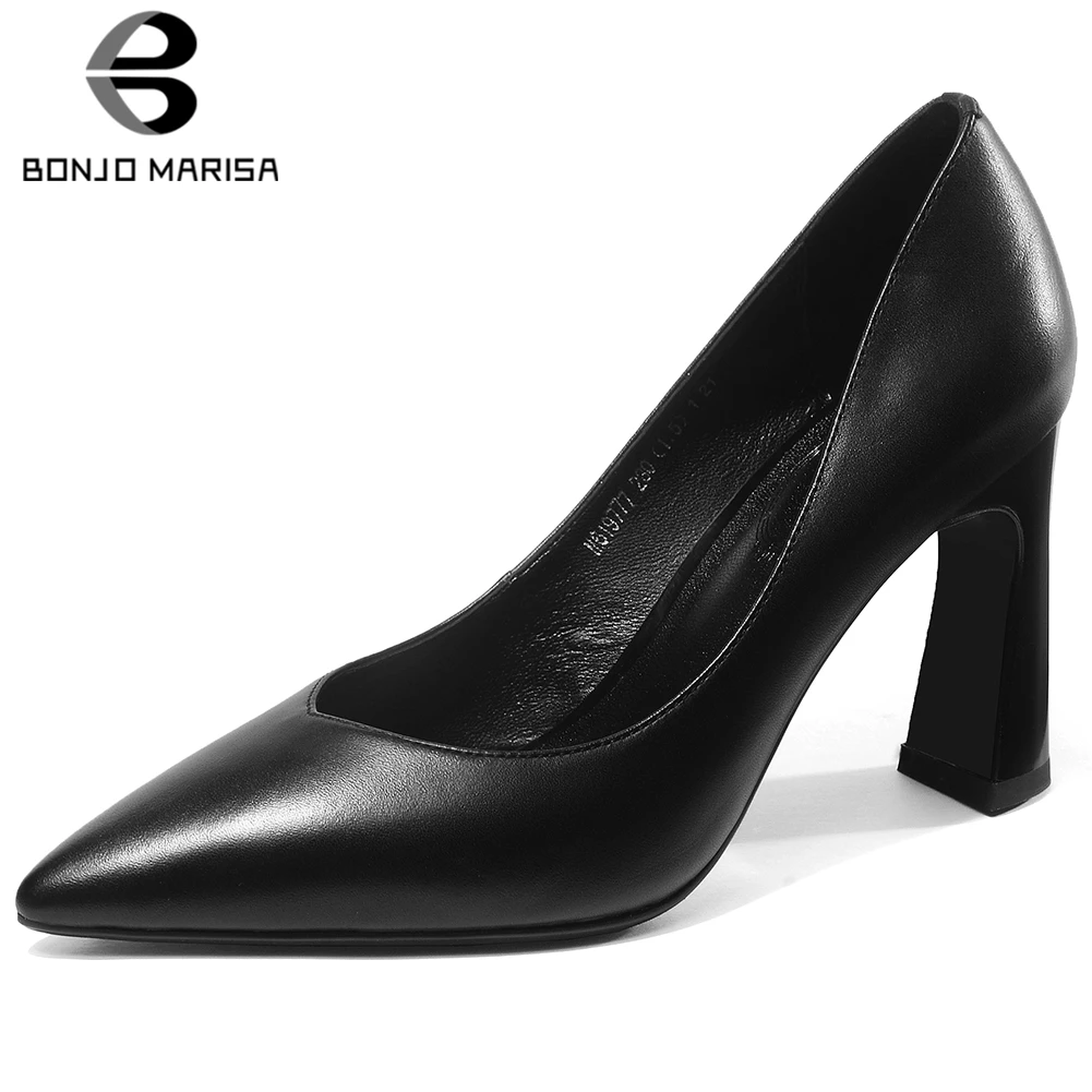 

BONJOMARISA Spring New Office Ladies Quality Pointed Toe Pumps Sexy Shallow Genuine Leather Pumps Women OL High Heel Shoes Woman