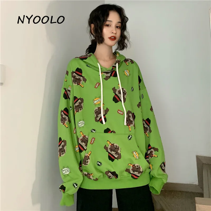 NYOOLO Harajuku стиль мультфильм собака печати Свободные толстовки осень уличная одежда с длинным рукавом капюшоном пуловеры толстовка женская ткань топ