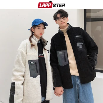 

LAPPSTER Men Lambswool Streetwear Jackets 2020 Winter couple Streetwear Color Block Windbreaker Harajuku Thick Coats Plus Size
