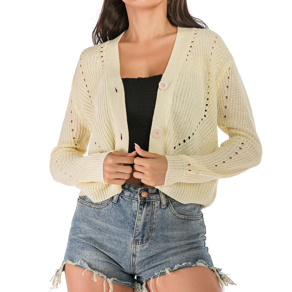 s-xl Женский Осенний модный однотонный длинный рукав выдолбленный Кардиган вязаный свитер Топ Прямая July29