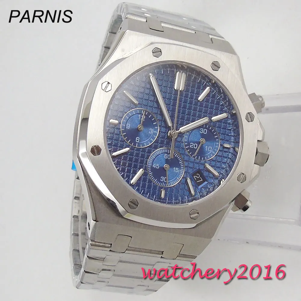 

42mm Parnis blue sterile dial Stainless date full chronograph quartz men's Watch