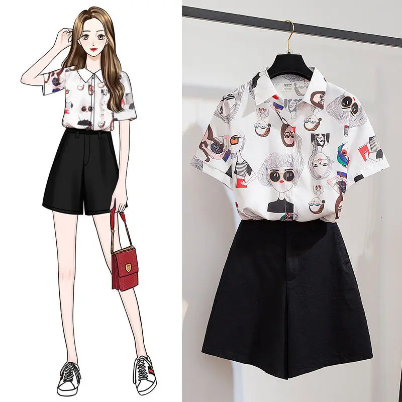 sweatpants set Big Size 40-200kg Fashion Cartoon Print Shirt Shorts Set for Women Summer Leisure Cozy Two-piece Clothing Sets Girl Short Sleeve white co ord set