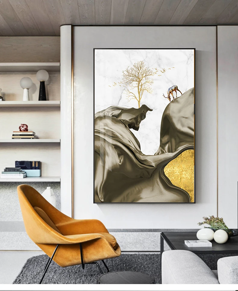 Абстрактная Картина на холсте с золотой рыбкой, оленем, деревом, современный стол, Куадрос, большая Настенная картина для гостиной, синий фиолетовый плакат, HD принт