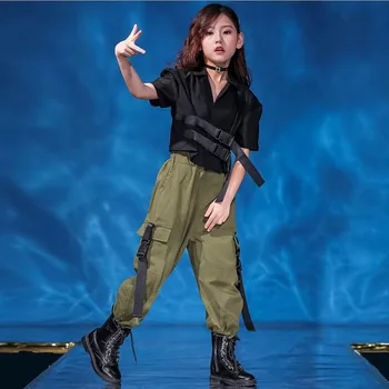 

Kids Ballroom Hip Hop Clothing Black Short Jacket Top Coat Loose Army Green Casual Pants for Girls Jazz Dance Costume Clothes
