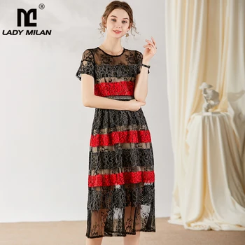 

Women's Runway Dress O Neck Short Sleeves Embroidery Lace Color Block Fashion Casual Designer Dresses