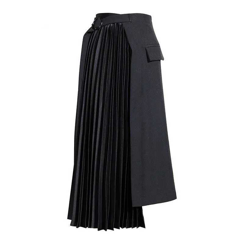 Women Skirt Patchwork Irregular Pleated Skirts Womens Asymmetry High Waist Black Long Skirts Women 2020 New Fashion 5X94