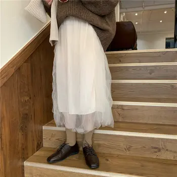 

Alien Kitty New Mesh Light Apricot High Waist Skirt Femme 2020 Slender Elastic Waist Fashion Women's A-Line Fresh Long Skirts