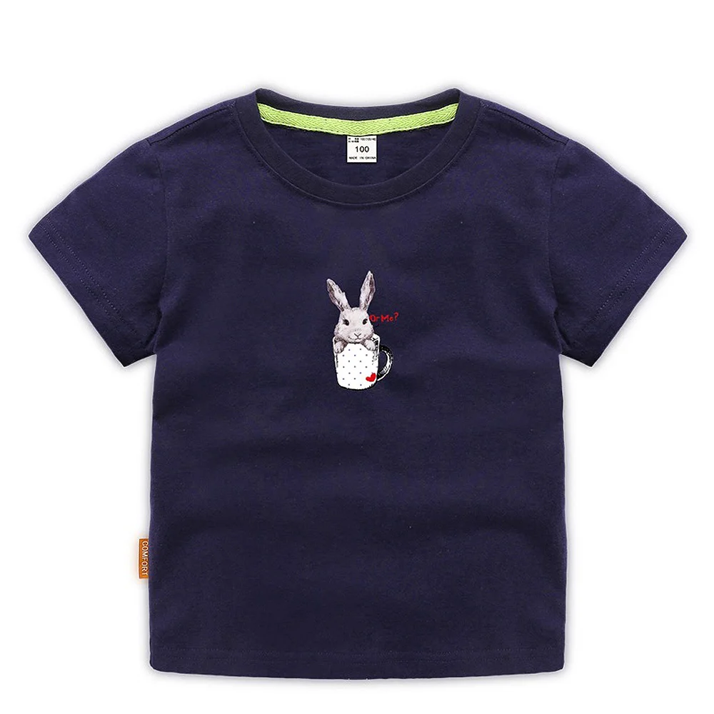Летняя детская Рождественская одежда хлопковая однотонная Детская Повседневная футболка с короткими рукавами и принтом кролика для маленьких девочек Футболка - Цвет: Тёмно-синий