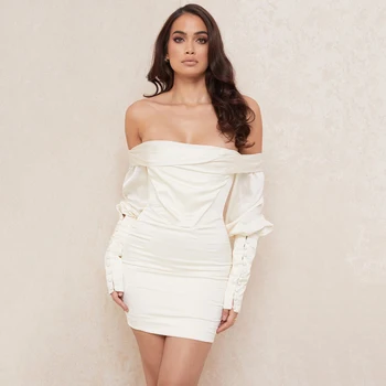 

Autumn Sexy Off-Shoulder Lantern Long-Sleeved Satin Bodycon Draped Dress 2020 New Celebrity Runway Party Mini Dress Vestidos
