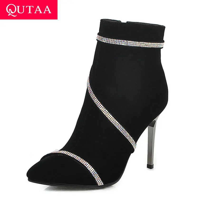

QUTAA 2020 Quality Scrub Rhinestone Thin Heel fashion Ankle Boots sexy Pointed Toe Zipper Autumn Winter Women Shoes Size 34-43