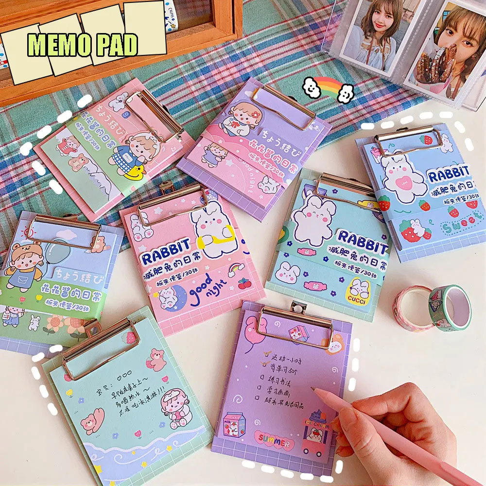 Korean Memo Pad with Board Clip Cute Strawberry Bunny Tearable Sticky