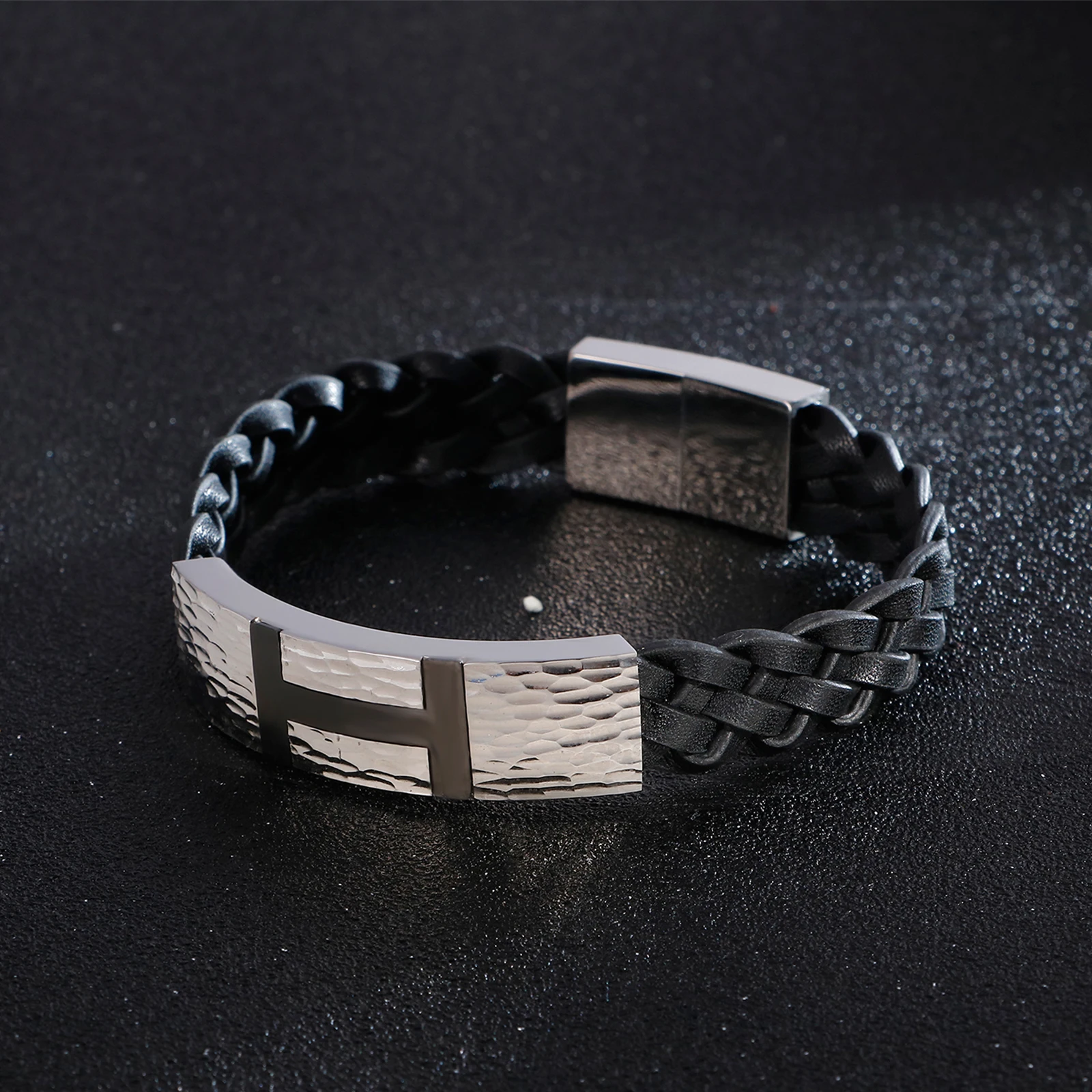 

HaoYi Classic Black 12mm Wide Braided Leather Bracelet Simple Stainless Steel Magnetic Buckle Men's Jewelry