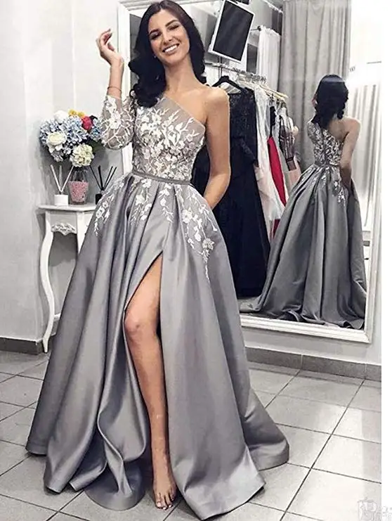 

2020 Long Prom Evening Dresses for Women, One Sleeve Floral Lace Applique Front Slit A line Floor Length Gowns