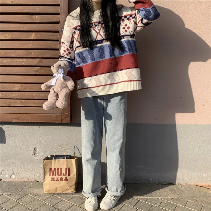 brown sweater Geometric pattern retro ethnic style Japan gentle Harajuku preppy wind winter hedging O-neck knitted warm oversize women sweater sweater for women