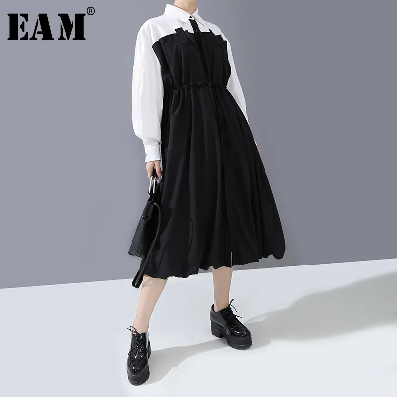 

[EAM] Women Black Contrast Color Drawstring Big Size Shirt Dress New Lapel Long Sleeve Loose Fit Fashion Spring Autumn 2020 1R40