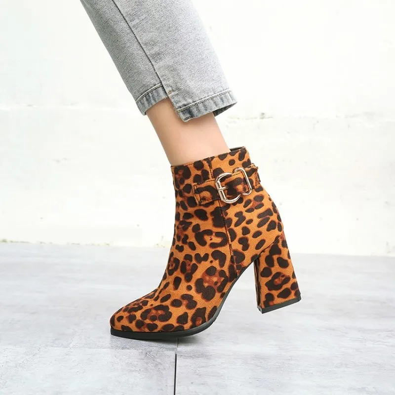 

US4-11 Womens Pointed Toe Ankle Boots Leopard Flock Side Zip Block Chunky High Heel Shoes 3Colors Plus Size Retro Warm Winter