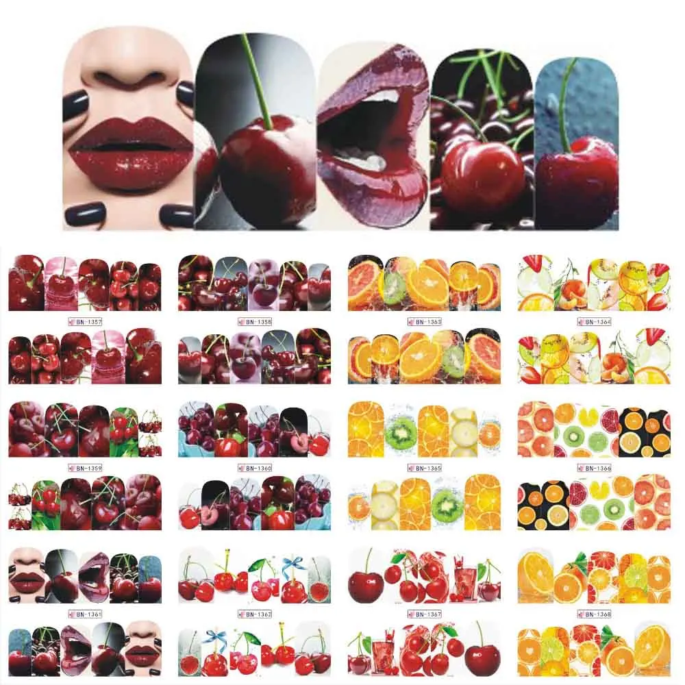 

12 Styles Fruit Series Water Transfer Nail Sticker Decals Cherry/orange/kiwi Pattern Beauty Decoration Designs DIY Color Tattoo