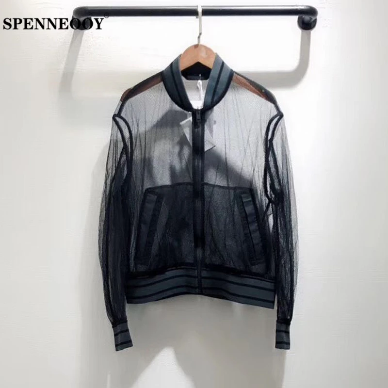

SPENNEOOY Designer Custom Runway Female Fashion Summer Mesh Thin Outerwear Sexy Perspective Women Commute Holiday Coat 2020
