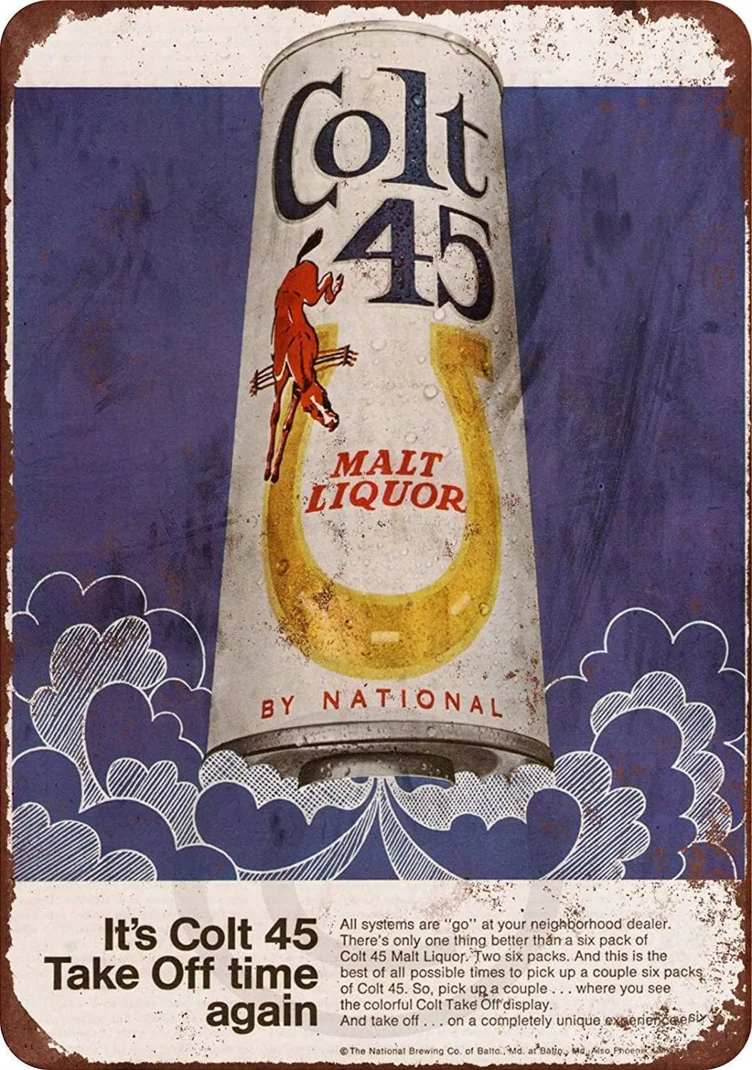 Tin Sign 1969 Colt 45 Malt Liquor and Moon Rockets Vintage Reproduction