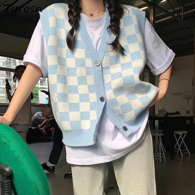 

Женский однобортный жилет в клетку, голубой Трикотажный жилет без рукавов с V-образным вырезом в стиле ретро, в японском стиле для студентов