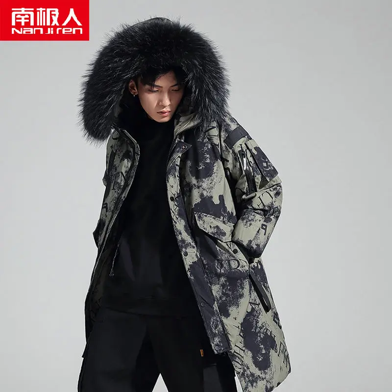 

New down jacket men's middle and long style thickened Korean over knee camouflage cool winter coat trend