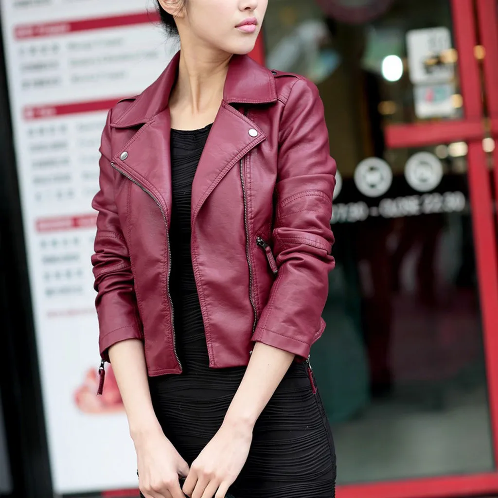 Jaycosin Fashion Women Winter Leather Zipper Jacket Slim Coat Stylish Long Sleeve Comfortable Motorcycle Coat Punk Outwear 18#4