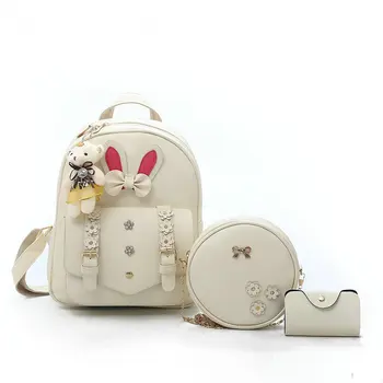 

OLOEY 3pcs/Set Women's PU Leather Backpacks Lady Candy Color Backpacks High Quality Fashion Small Chains Bag Female Card package