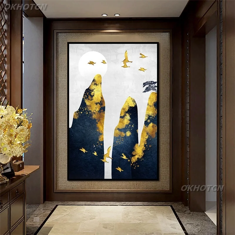 

Canvas Painting Abstract Golden Bird Landscape Print Poster Home Decor Moon Modern Minimalism Wall Art Picture Living Room Aisle