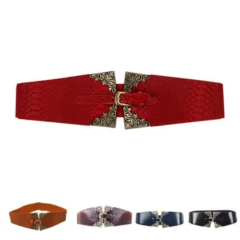 

New Lady Women Elastic Waistband Wide Waist Belt Retro Metal Buckle Faux Leather