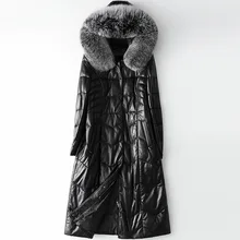 

Winter Fashion Natural Fox Fur Collar Hooded Sheepskin Leather Down Jacket Women's Long Genuine Leather Coat Thick Warm Outwear