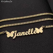 KristenCo Custom Stainless Steel Name Necklace Personalized Letter Butterfly Pendant Gold Cuba Chain For Women Necklace Gift
