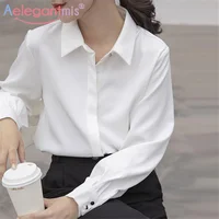 Aelegantmis Soft Office Lady White Shirt for Women Blouse Turn-down Collar OL Woman Blouse Covered Button Design Femme Tops New 1