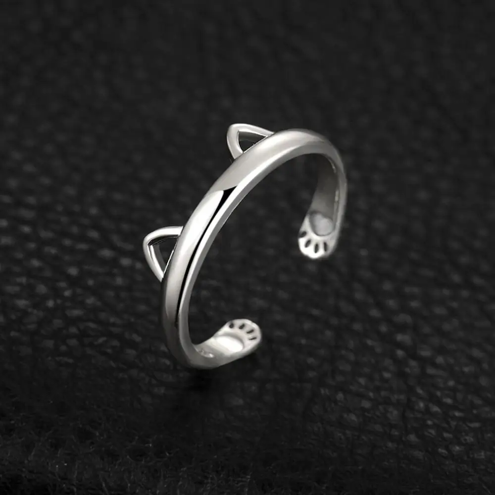 925 Sterling Silver Cat Ring Ear Paw Open Adjustable Cuff Band Rings for Women
