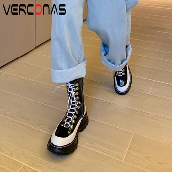 

VERCONAS Popular Woman Ankle Boots Fashion Cool Cross-Tied Rivets Platform Martin Boots Patent Leather Autumn Winter Boots Woman