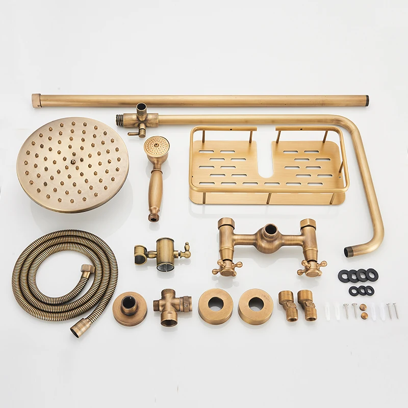 8" Brass Antique Bathroom Shower Faucet Set Wall Mount Dual Handle Handshower Shelf Hot Cold Systems Mixer rain Shower System shower set