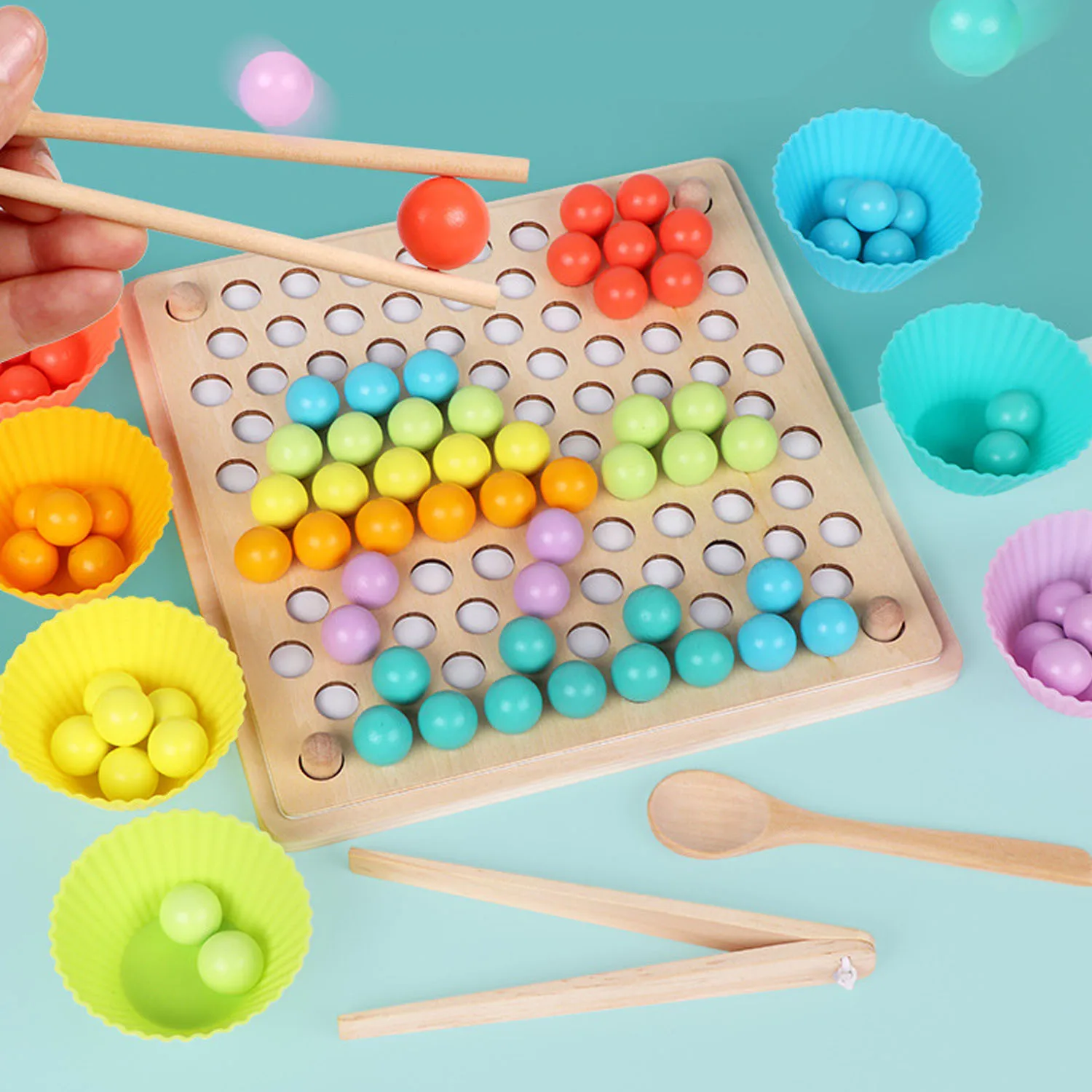 Kids Montessori Wooden Clip Beads Chopsticks Beads Color Sorting Matching Puzzle Board Hands Brain Training Learn Math Game Toy