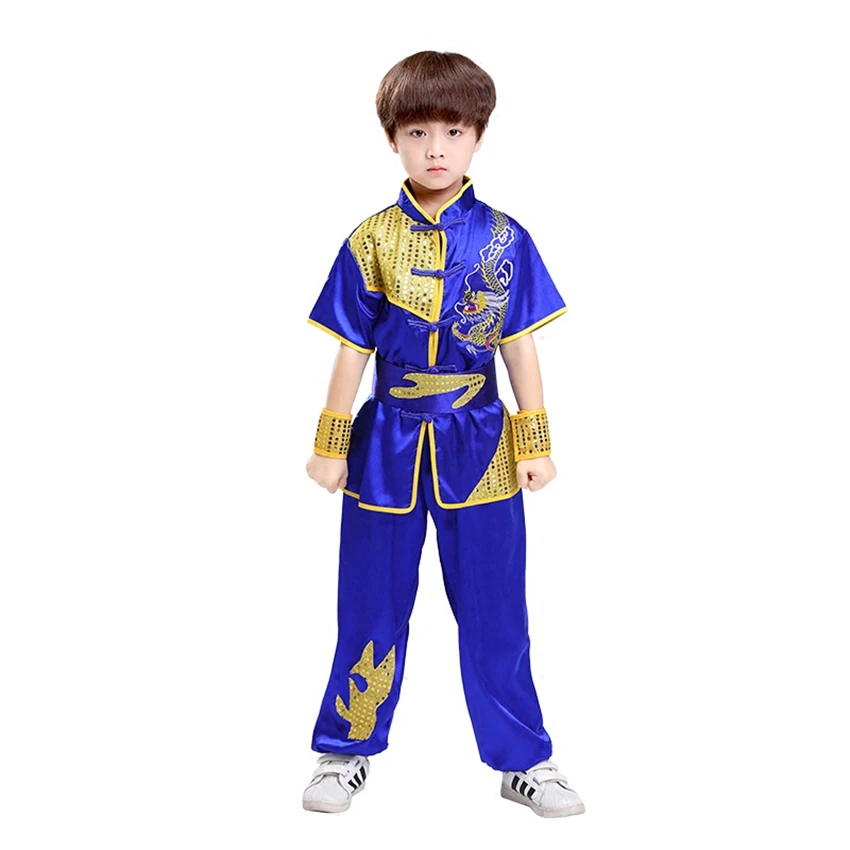 Children Chinese Traditional Style Clothing Set Sequin Dragon Embroidery Long&Short Performance Tai Chi Kung Fu Uniforms Chinese Traditional Costume