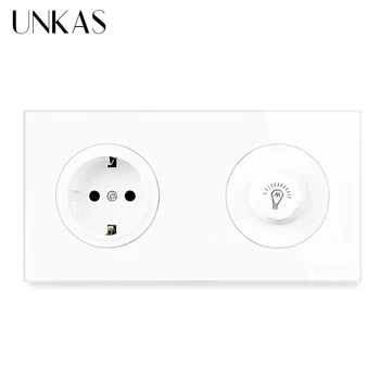 

UNKAS 16A EU Standard Wall Socket +Female Dimmer Regulator Switch 172MM*86MM Crystal Glass Panel Built-in Light Modulator Outlet