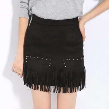 

Fashion High Waist Women Skirt Black High Street Pencil Mini Faux Leather Fringe Tassel Suede Asymmetrical Office Skirt