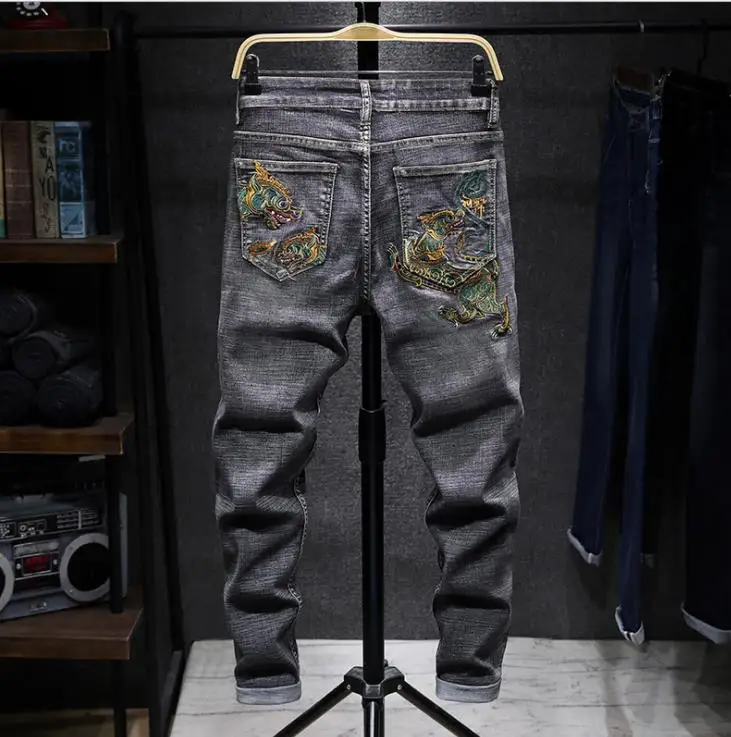 Mens Dragon Bordir Jeans Kurus Fashion 
