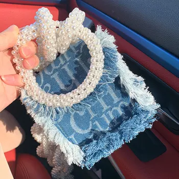 

2020 Pearl Crossbody Bag Handmade Beaded Chain Bag Denim Mini Shoulder Bag Luxury Fashion High Quality Women Handbags Sac A Main