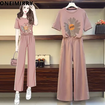 

2020 Summer 2 piece outfits for women tops and pants set slim Korean daisy rivet rhinestones suit sets clothes Plus Size 3XL xl